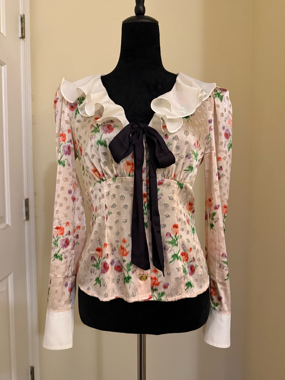 Maeve Anthropologie Floral Ruffle Front Blouse Pink Size Small